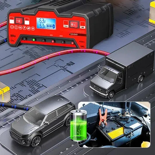 Cargador inteligente de batería para auto y moto 12V/24V 8A.